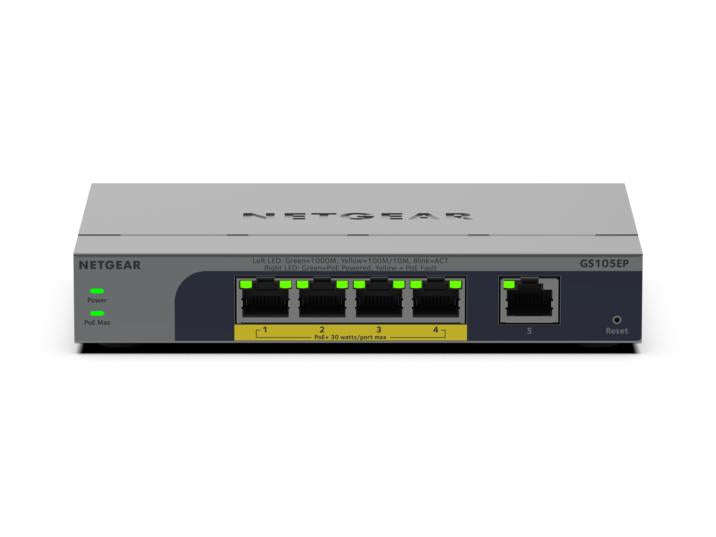 NETGEAR GS105EP – Unmanaged Switch – 5×GbE, PoE+ 63 W, Grau