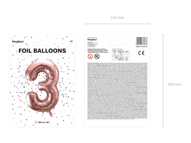 PartyDeco Folienballon Zahl 3 – Roségold – 86 cm – Folie – 1 Stk