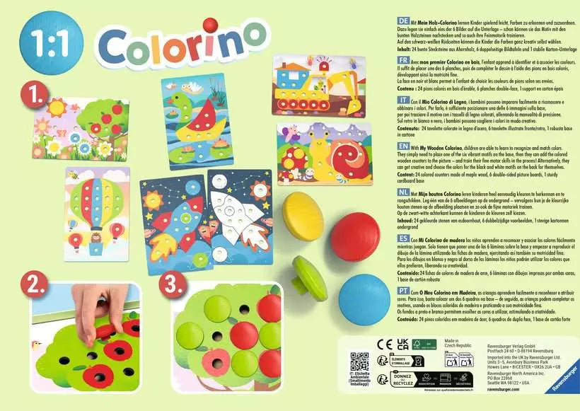 Ravensburger Lernspiel – Mein Holz-Colorino, Brettspiel, 1 Spieler, ab 2 Jahren, Mehrsprachig
