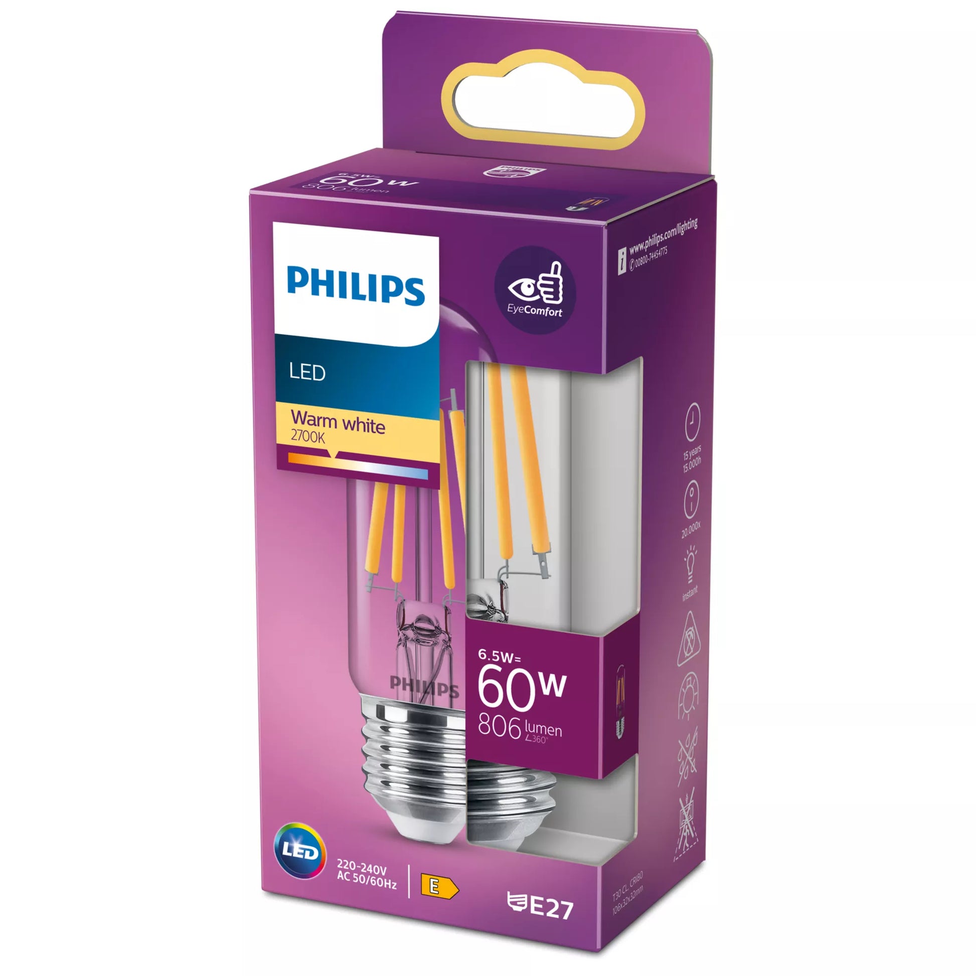 Philips by Signify Philips LED-Leuchtmittel E27 T30 – Warmweiss 2700 K, 806 lm, 6,5 W – 1 Stk. – Transparent, Glas