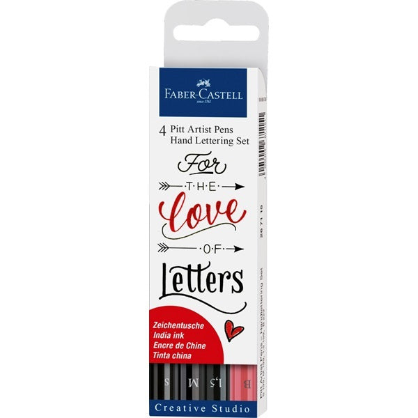 Faber-Castell Tuschestift Pitt Artist Pen Lettering, Strichbreite 0,3–1,5 mm, wasserfest, 4 Stk.