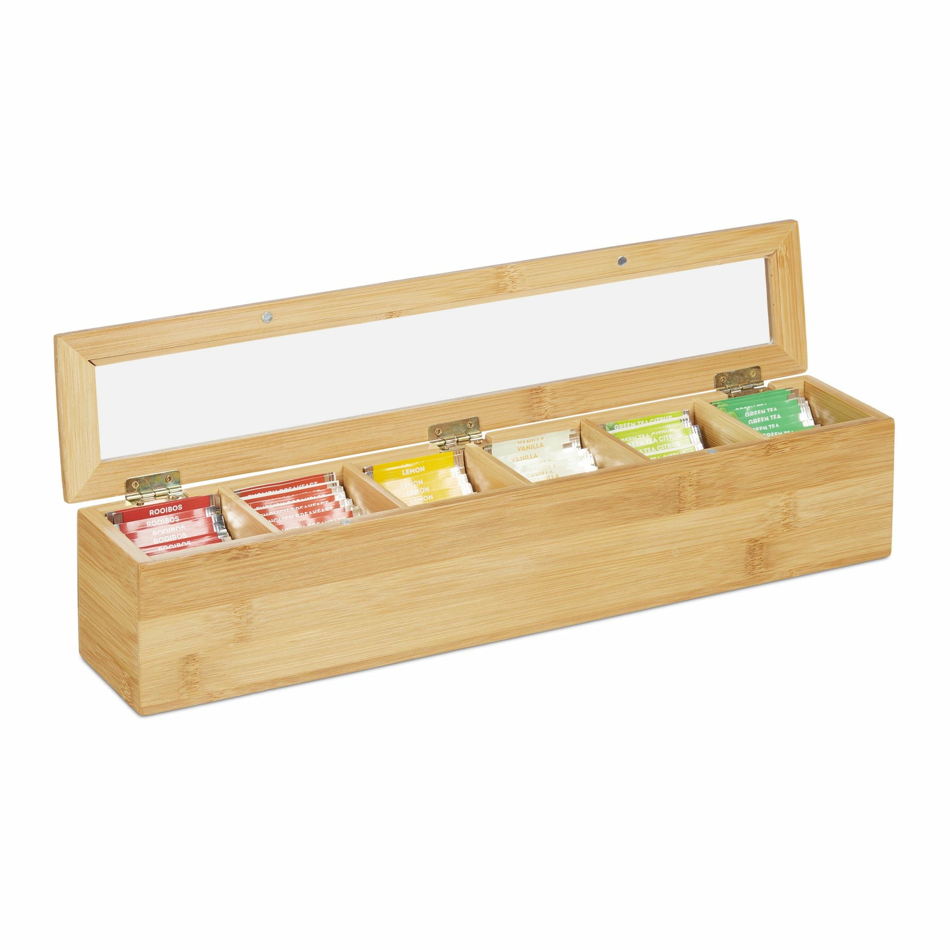 Relaxdays Teebeutelbox Bambus/Kunststoff, 6 Fächer, 44 × 9 × 9 cm, Braun