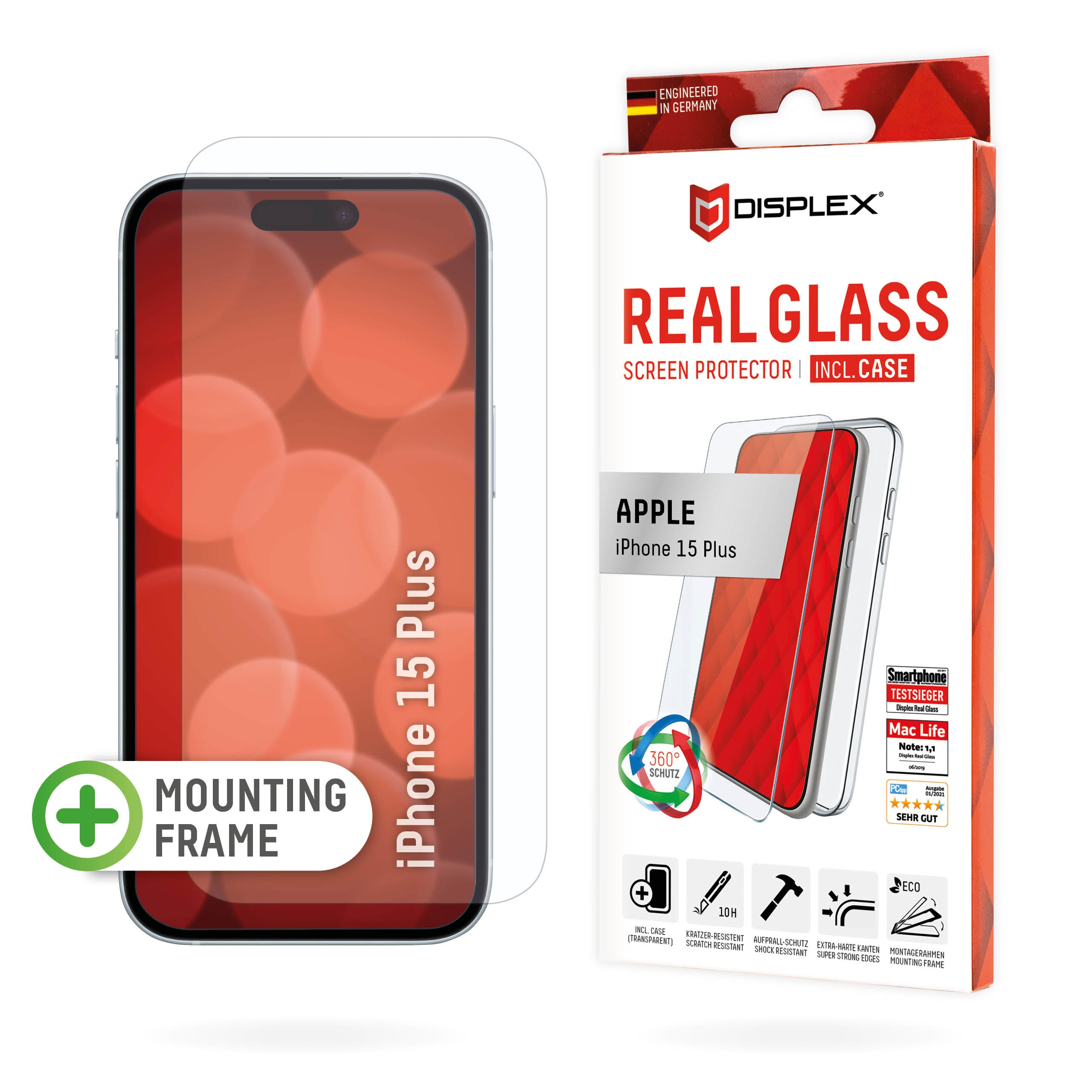 E.V.I. Backcover – für Apple iPhone 15 Plus, Glas+TPU, Transparent, Displayschutz, Reinigungstuch