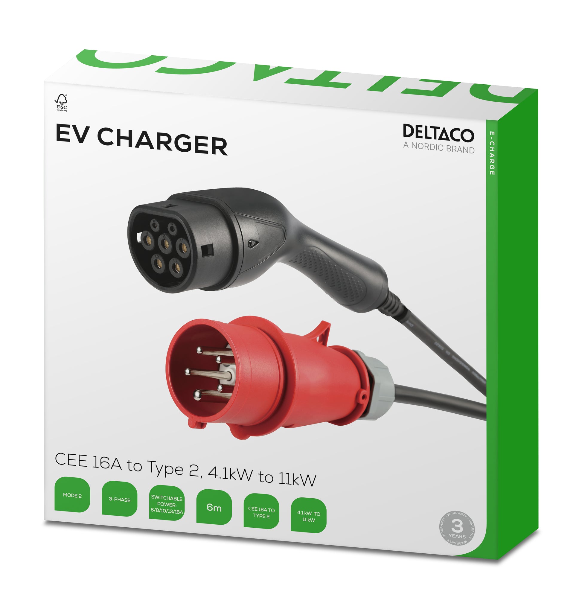 Deltaco Adapterkabel, CEE 16A–Typ 2, 6 m, IP66 – Schwarz