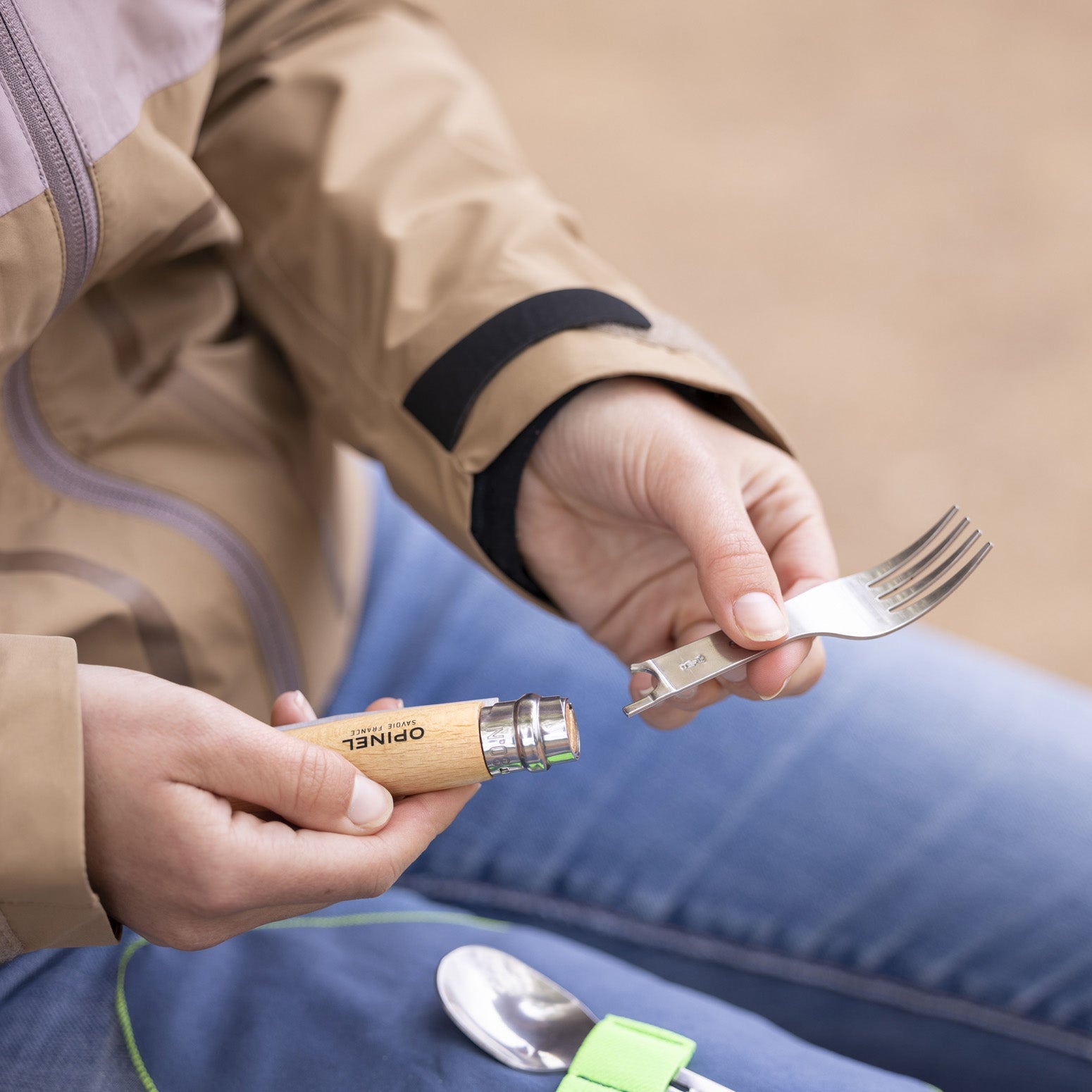 Opinel Picnic Plus Nr. 8 Lunchbox-Besteck – 19,3 cm, Edelstahl, Holzgriff, Braun