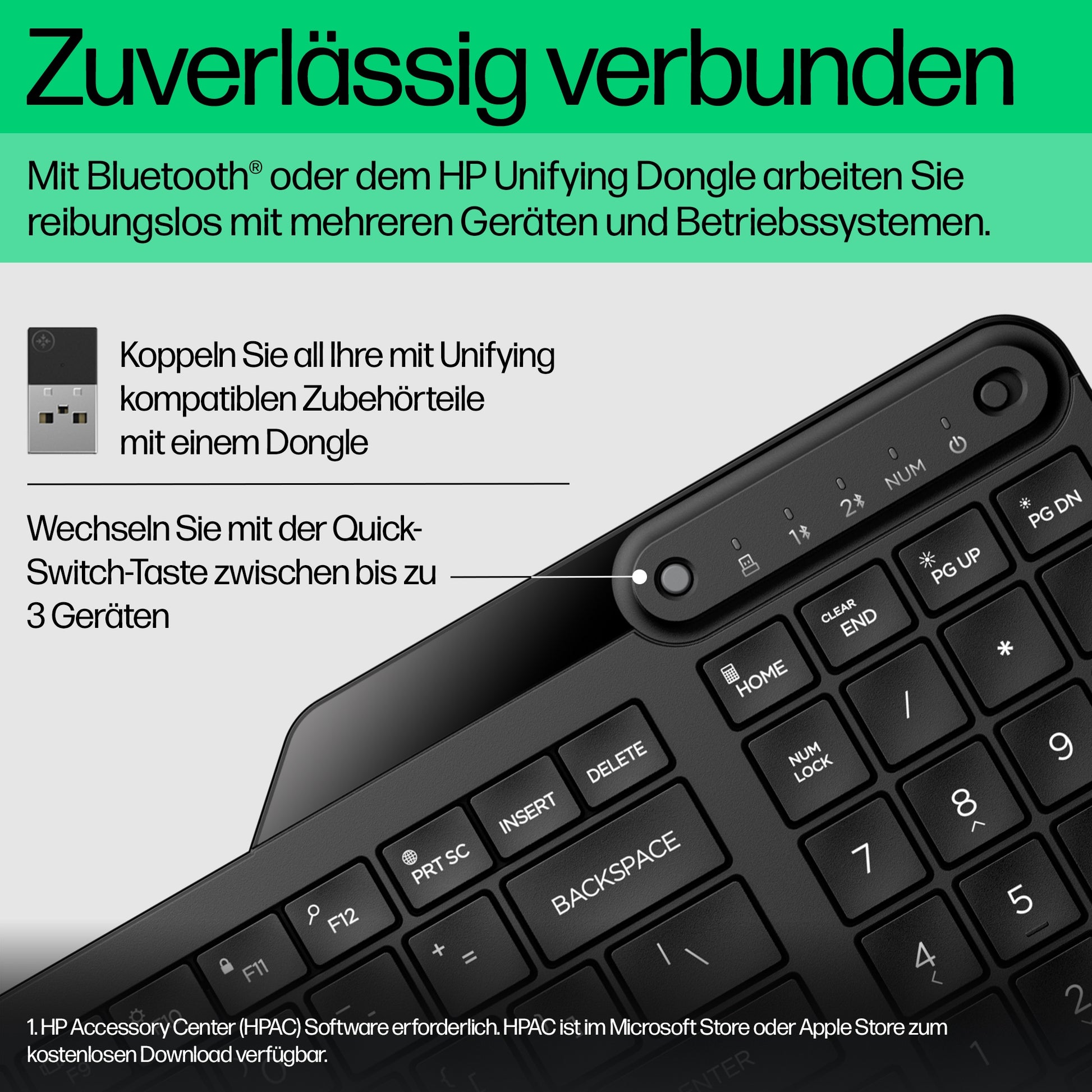 HP 475 – Tastatur, kabellos (Bluetooth/2,4 GHz), CH-Layout (DE-CH), Fullsize (mit Ziffernblock), Schwarz