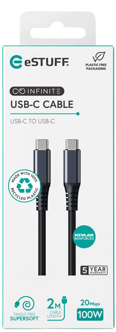 eSTUFF USB-C auf USB-C Kabel – USB4 20 Gbit/s – 2 m – PD 100 W – Schwarz