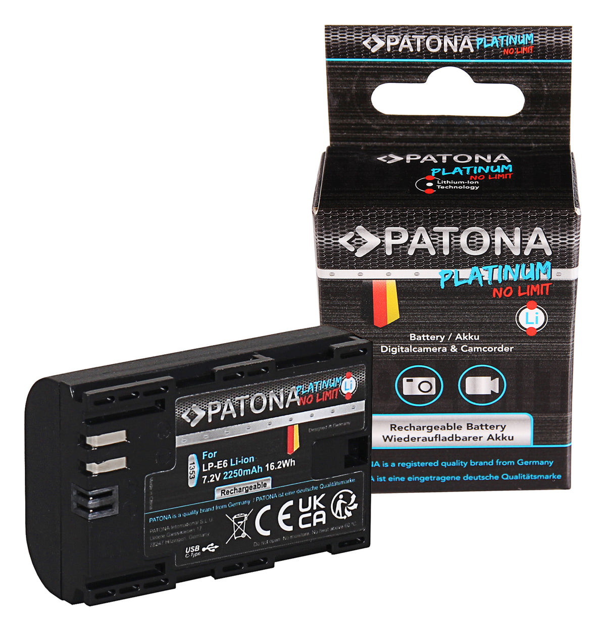 PATONA Platinum Akku LP-E6 – Lithium-Ion 2250 mAh, 7,2 V – für Canon EOS 70D, EOS 60D, EOS 60Da und andere