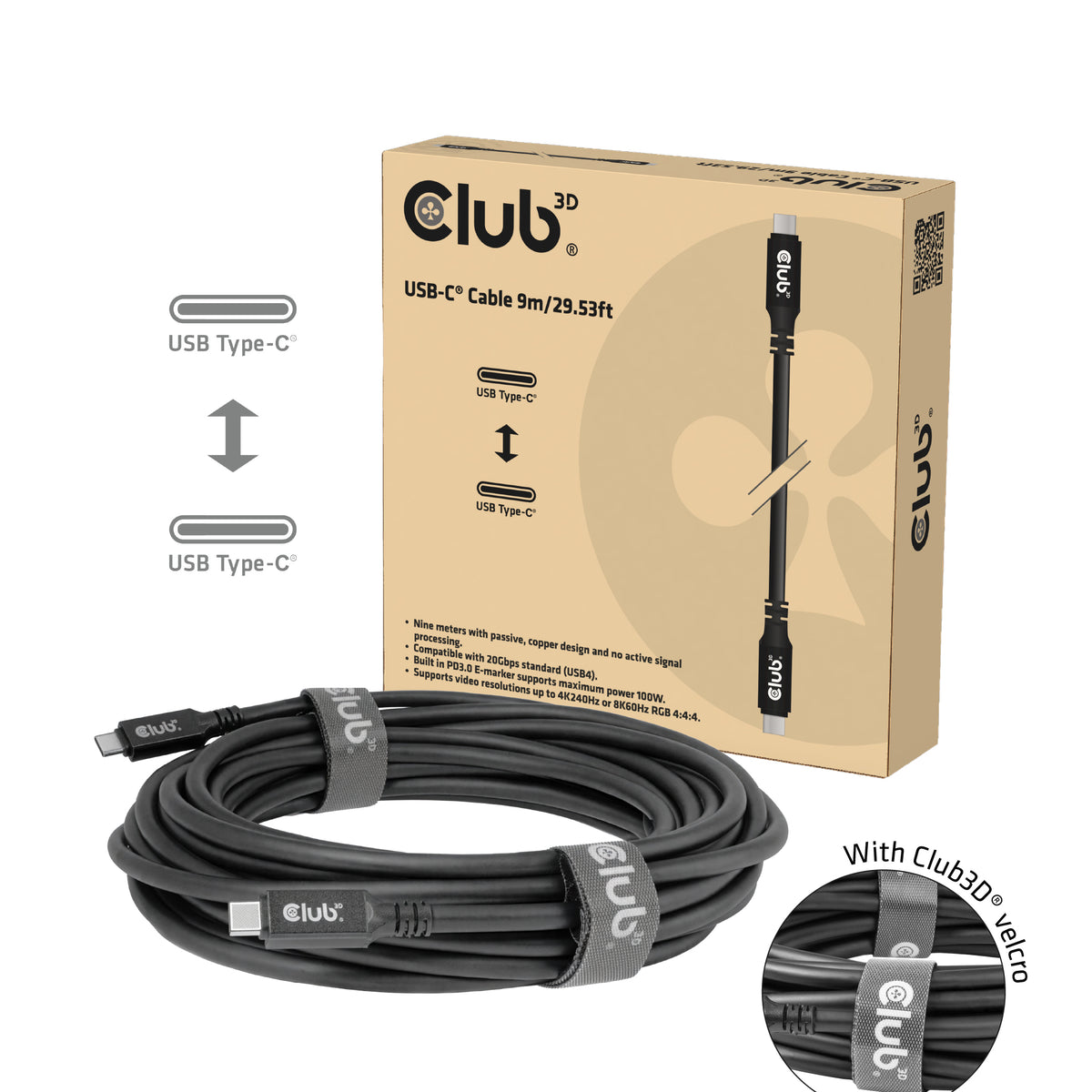 CLUB3D Club 3D – USB-C auf USB-C Kabel – USB4 20 Gbit/s – 9 m – PD 100 W – Schwarz