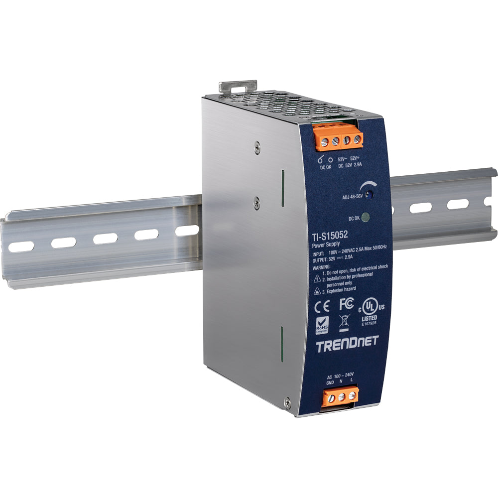 Trendnet TI-S15052 DIN-Schienen-Netzteil 150 W, 52 V DC – Aktive PFC, Überlast-/Kurzschlussschutz – Hutschiene