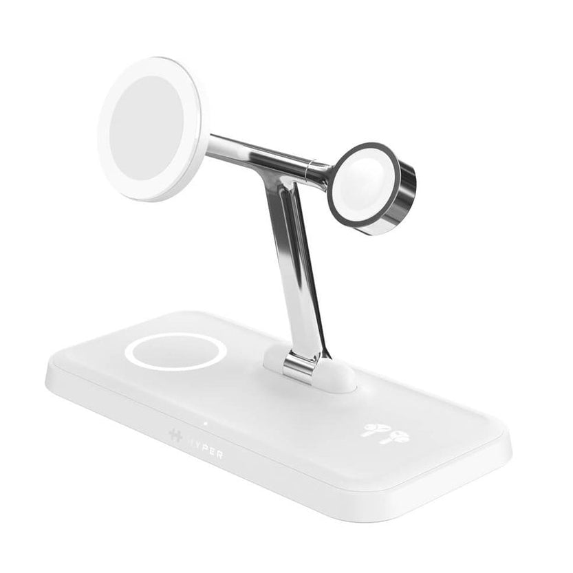 HYPER HJ3004WHGL 4-in-1 Ladeständer – Qi2 – 15 W/5 W/5 W – für Smartphone/Smartwatch/Kopfhörer – Weiss