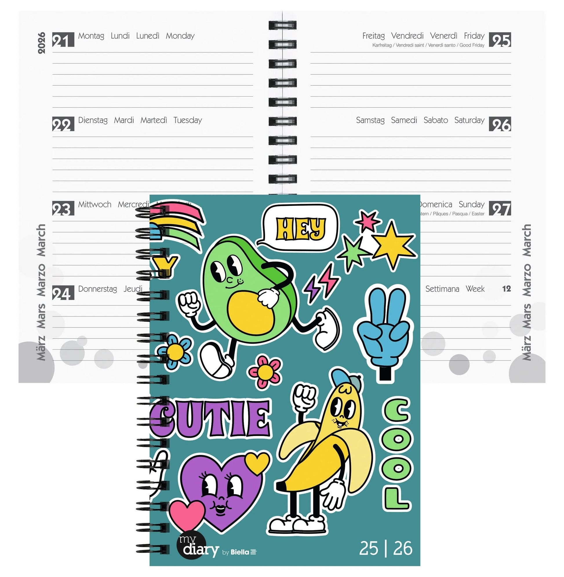 Biella mydiary Schüleragenda – 1 Woche/2 Seiten, Spiralbindung, 12 × 16,5 cm, Aug–Jul, Comic, FSC