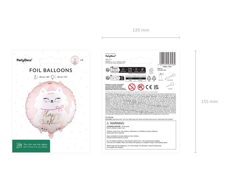 PartyDeco Folienballon Katze – Mehrfarbig – 35 × 35 cm – Folie – 2 Stk – inkl. Strohhalm