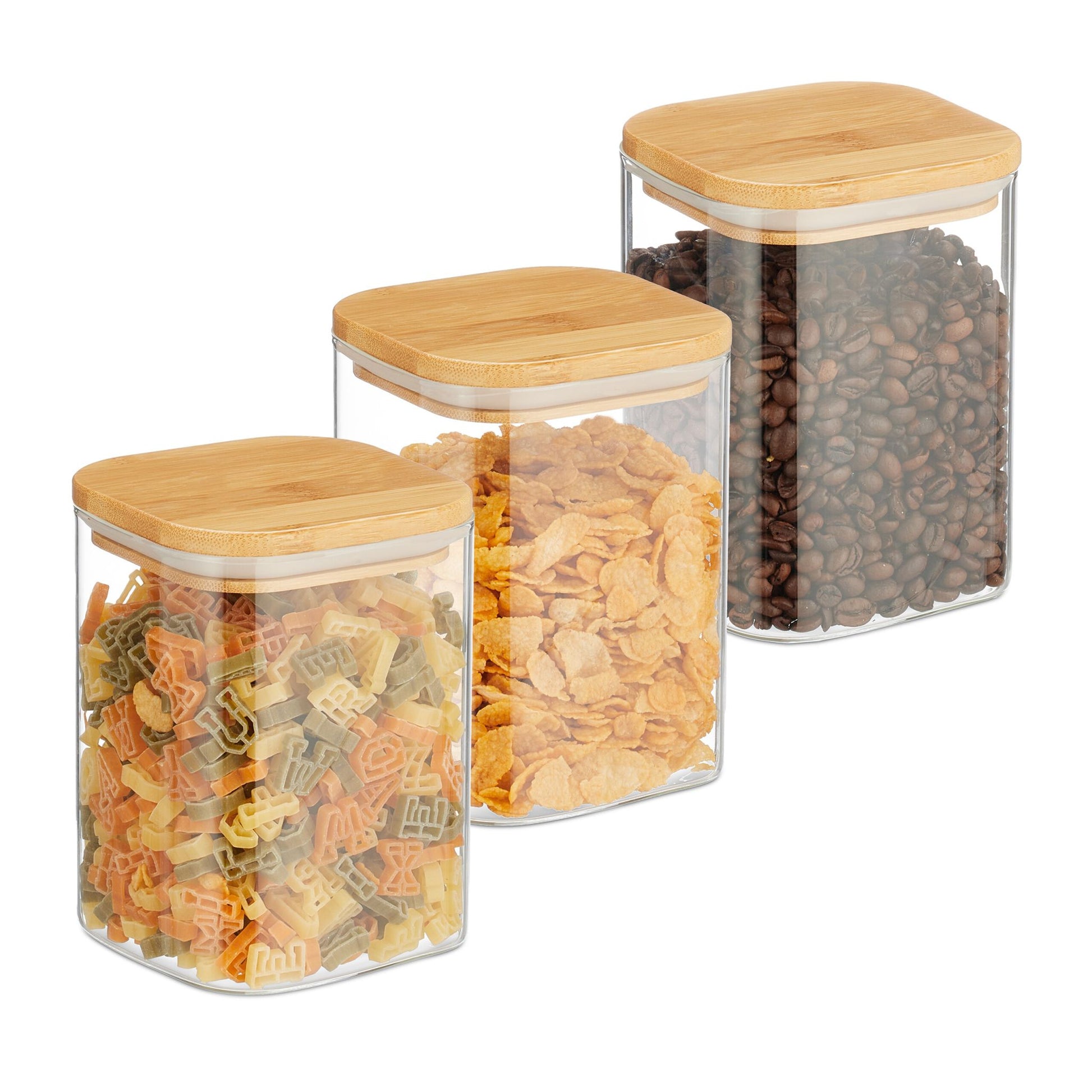 Relaxdays Vorratsdose 3er-Set 900 ml, 10 × 10 × 13,5 cm, Glas/Bambus/Silikon, Transparent/Natur