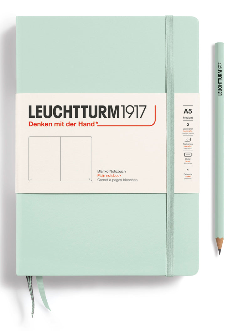 Leuchtturm Notizbuch – A5 – blanko – 251 Seiten – 80 g/m² – Hardcover, Gummiband, Einstecktasche, Mint, FSC