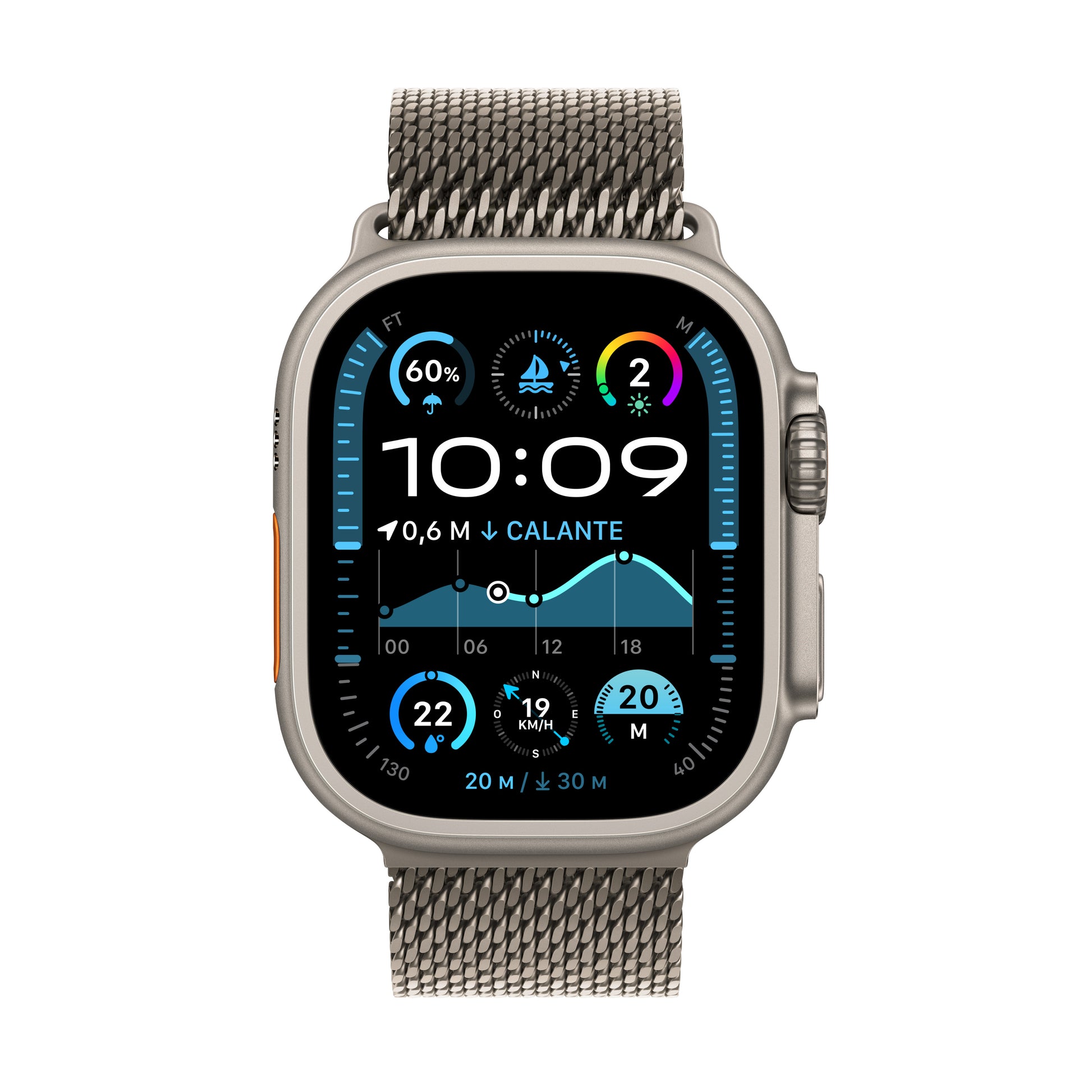 Apple Watch Ultra 2 – Smartwatch – 49 mm, GPS, OLED, Saphirglas, 100 m, Natural Titanium, Milanese Loop (L)