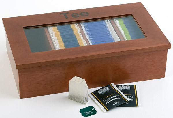 APS-Germany Teebeutelbox Acryl/Holz, 4 Fächer, 33,5 × 20 × 9 cm, Dunkelbraun/Transparent