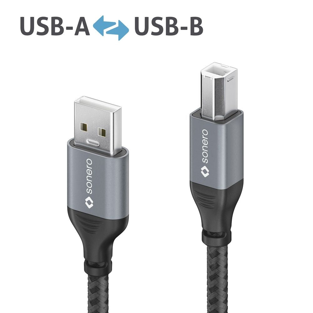 Sonero – USB-A auf USB-B Kabel – USB 2.0 (480 Mbit/s) – 1,5 m – Geflochten – Schwarz/Grau
