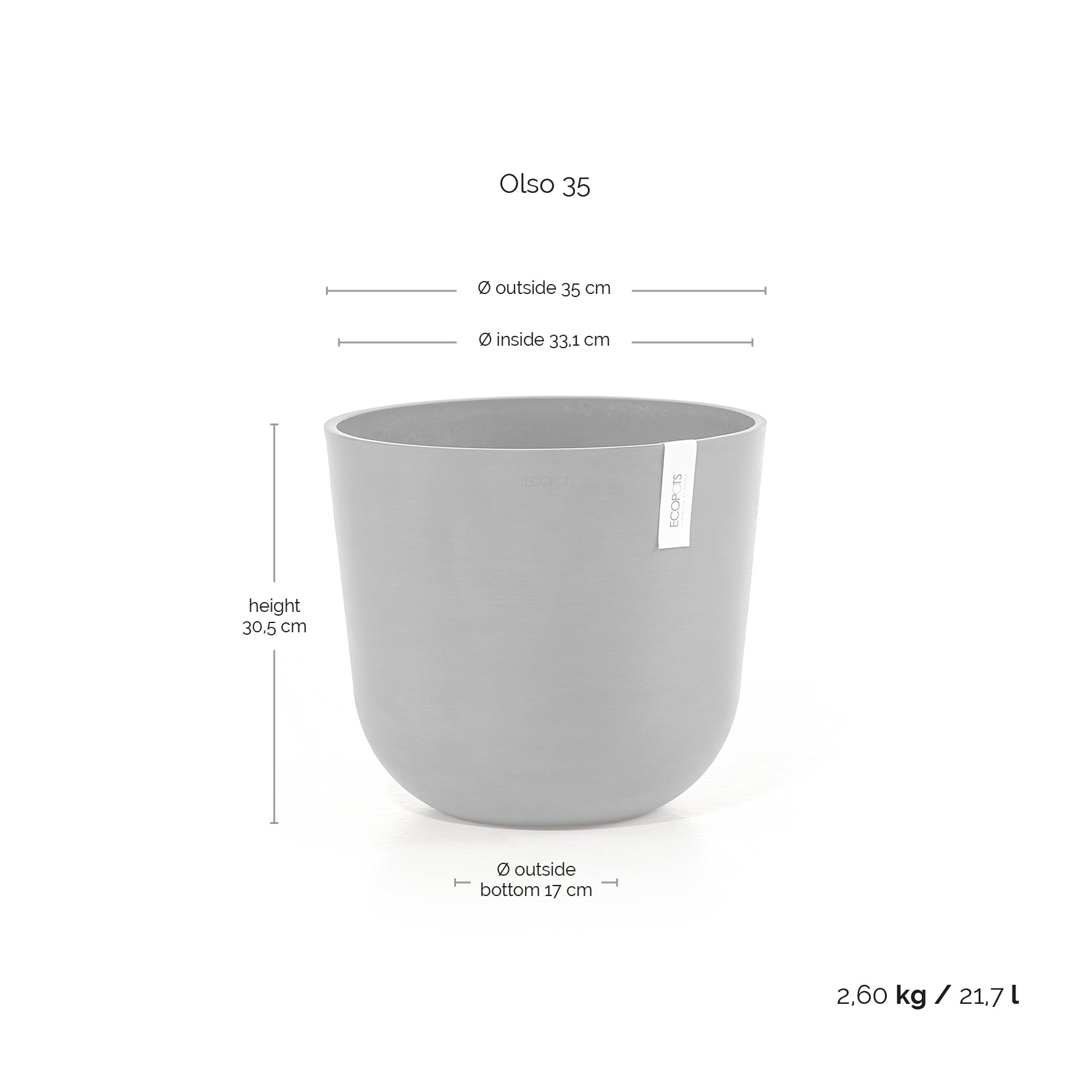 Ecopots Pflanzentopf – Ø 35 × 30,5 cm – Recycling-Kunststoff, Taupe