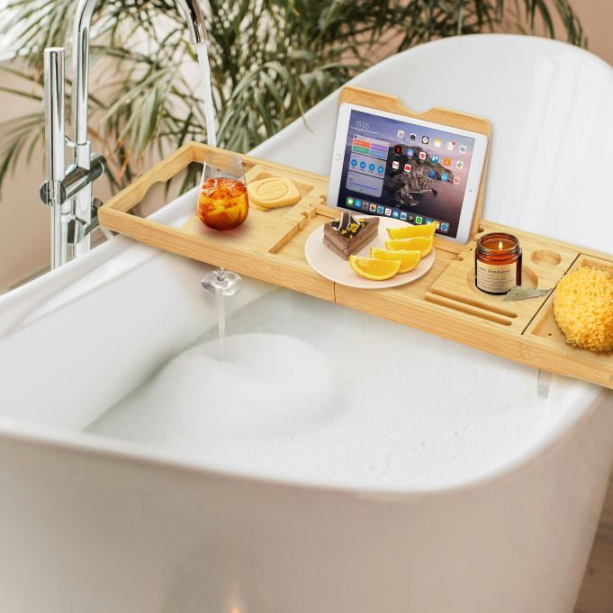 Relaxdays Badewannenablage – 105×22×3,5 cm, Bambus (100%), freistehend, Hellbraun