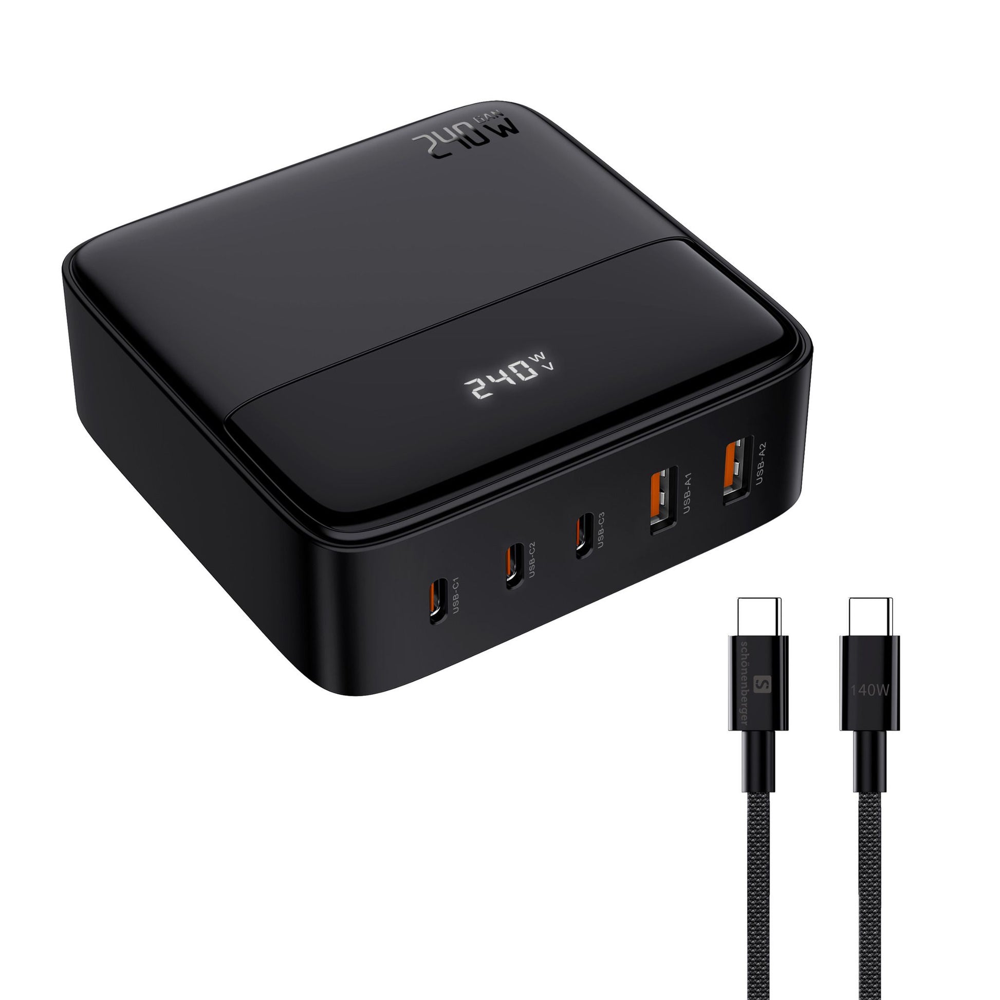 M. Schönenberger 24.21240SZ Netzteil – 240 W, 3× USB-C + 2× USB-A, PD, QC