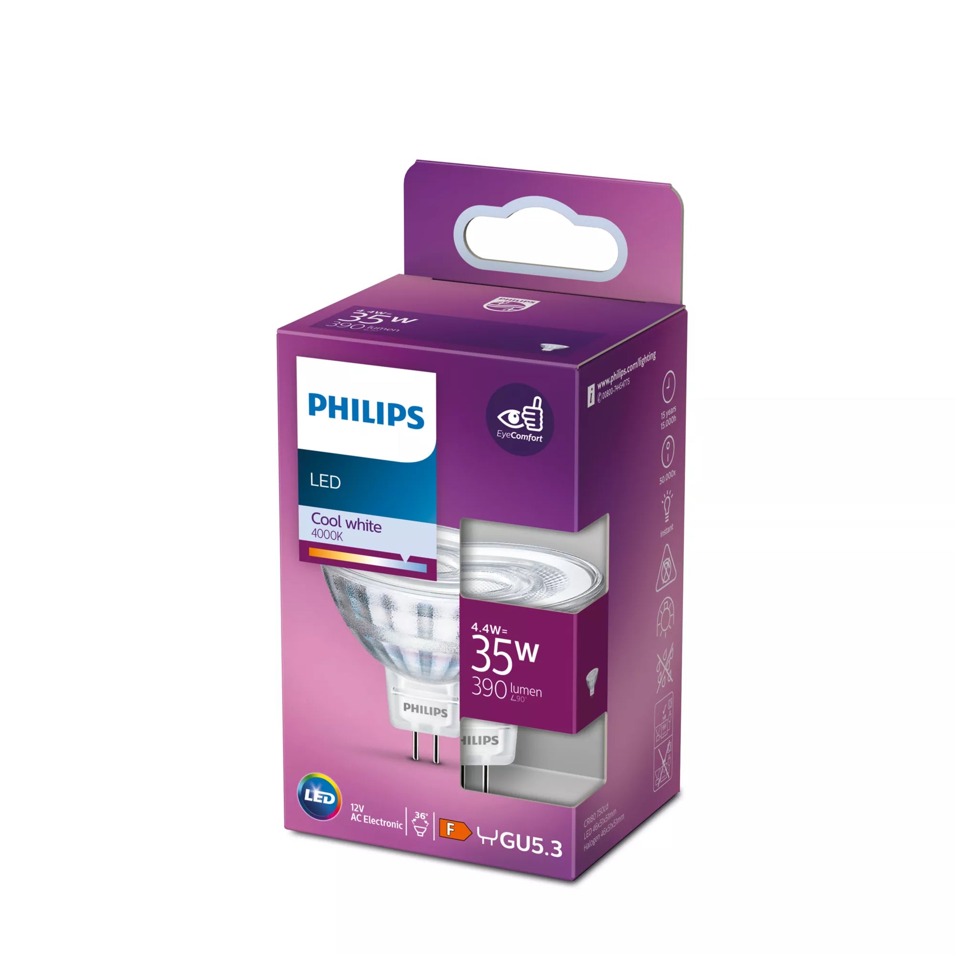 Philips by Signify Philips LED-Reflektor MR16 GU5.3 – Neutralweiss 4000 K, 390 lm, 4,4 W, 36° – 1 Stk., Silber