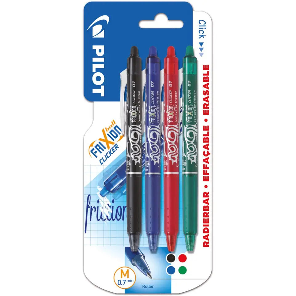 Pilot FriXion Ball Clicker – Tintenroller, 0,7 mm, sortiert, radierbar, Druckmechanik – 4 Stk.