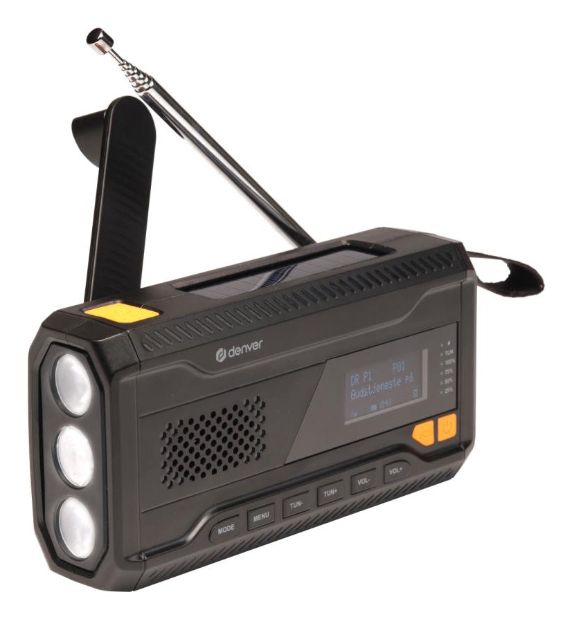 Denver SCD-2033 – Tragbares DAB+ Radio, UKW, Bluetooth 5.3, Powerbank, Akku 2'000 mAh, Solar/Dynamo – Schwarz