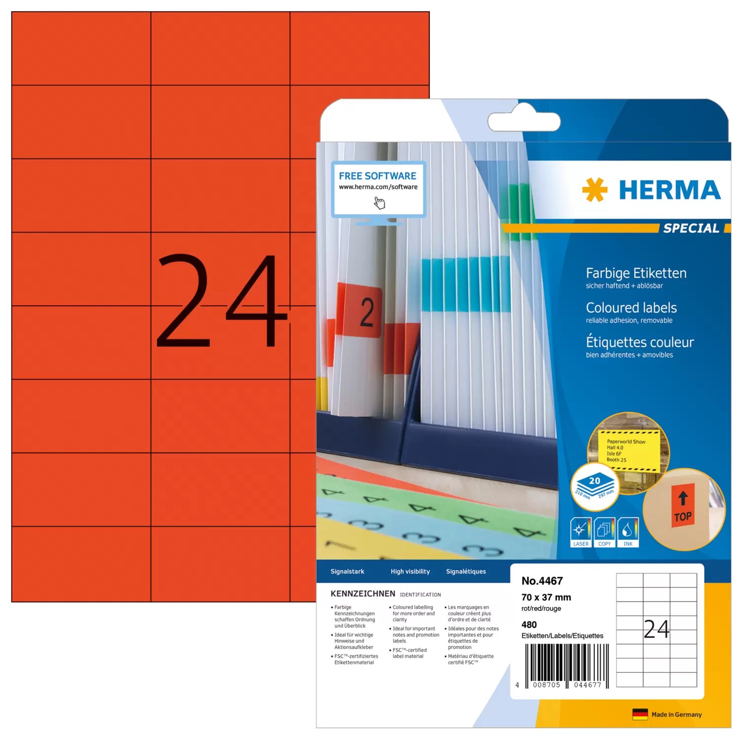 HERMA Etiketten, 70 mm × 37 mm, rot, Papier, selbstklebend, 480 Etiketten (20 Blätter)