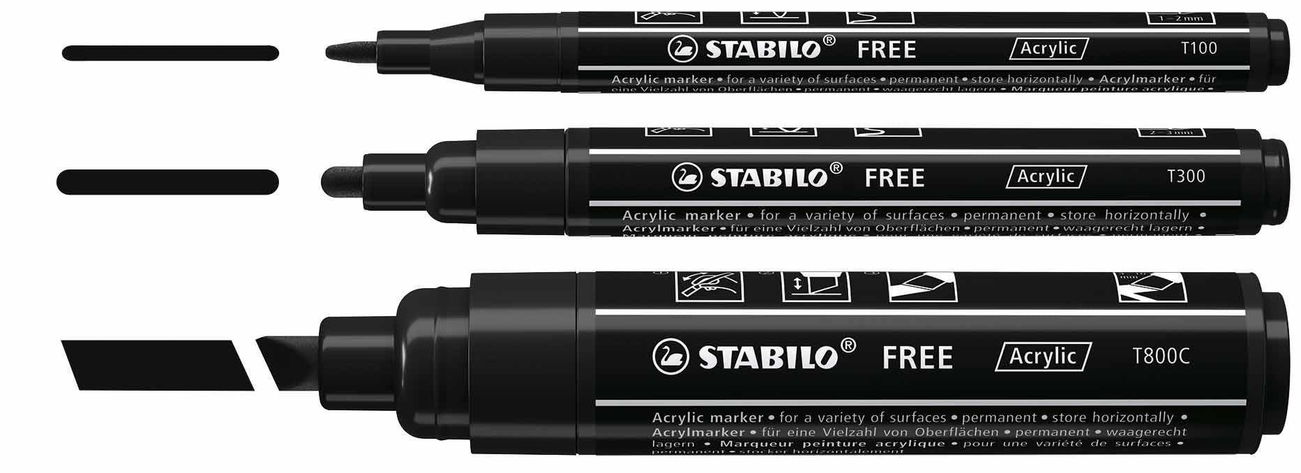 STABILO FREE Acrylmarker – Spitze 3 mm – Schwarz – 3er-Set – für Glas