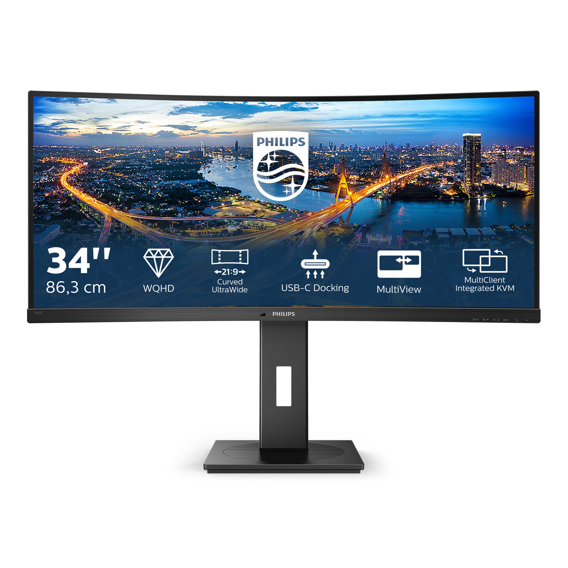 Philips 346B1C/00 – Monitor, 34", VA, 100 Hz, 300 cd/m², KVM, USB-C, Gebogen, VESA 100 × 100, Schwarz