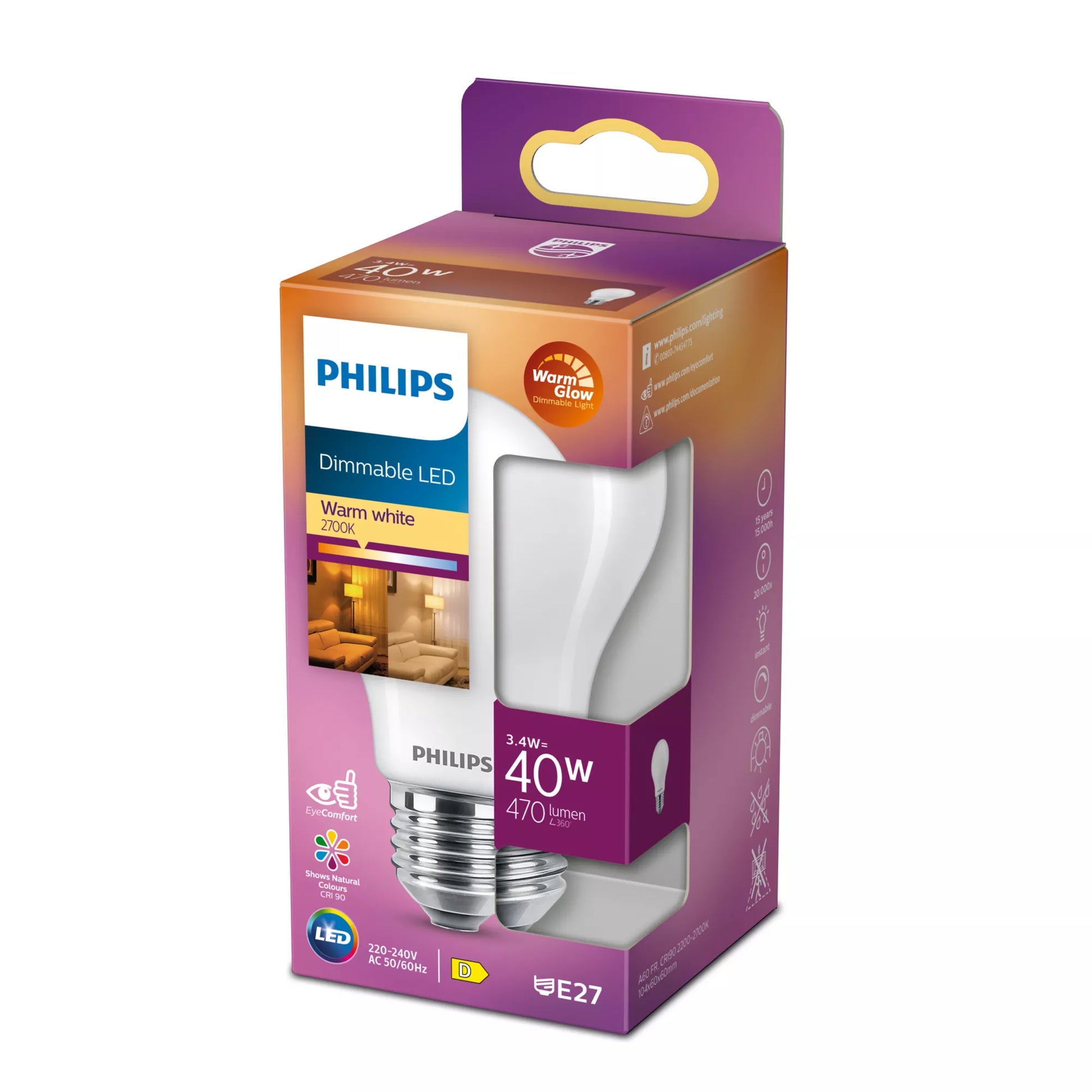 Philips by Signify Philips LED-Leuchtmittel E27 A-Form – 470 lm, 3,4 W, Warmweiss 2200–2700 K – 1 Stk.