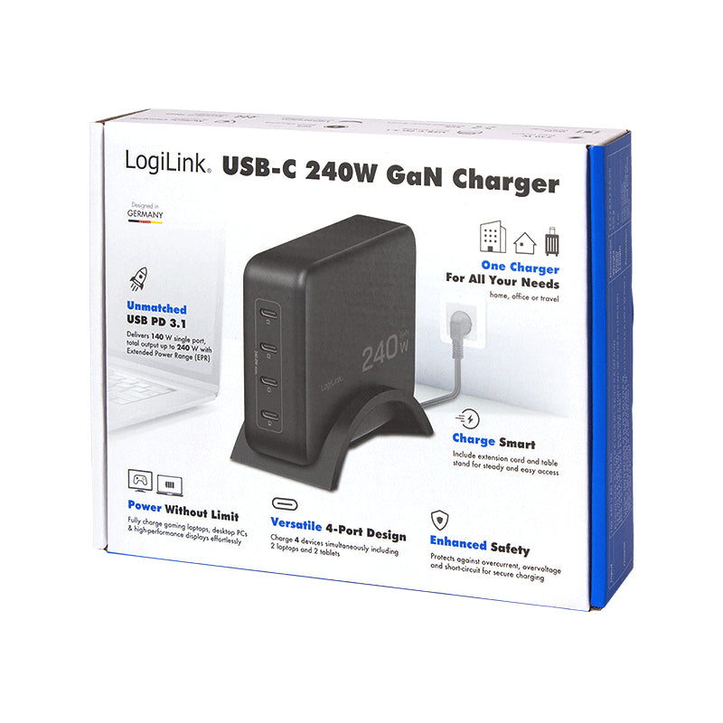 LogiLink PA0353 USB-Desktop-Ladegerät 240 W – USB-C×4 – PD 3.1, PPS, GaN