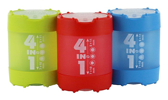 KUM Spitzer – manuell, 2-Loch, mit Behälter, für Blei- & Buntstifte 7–11 mm, Kunststoff, assortiert, 4 in 1