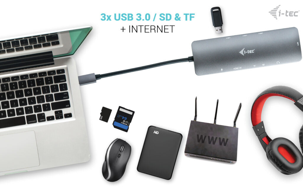i-tec MetalNano Dockingstation – USB-C, 1× HDMI, 3× USB-A, 100 W PD, GbE, SD/microSD, für Windows/Mac/Linux