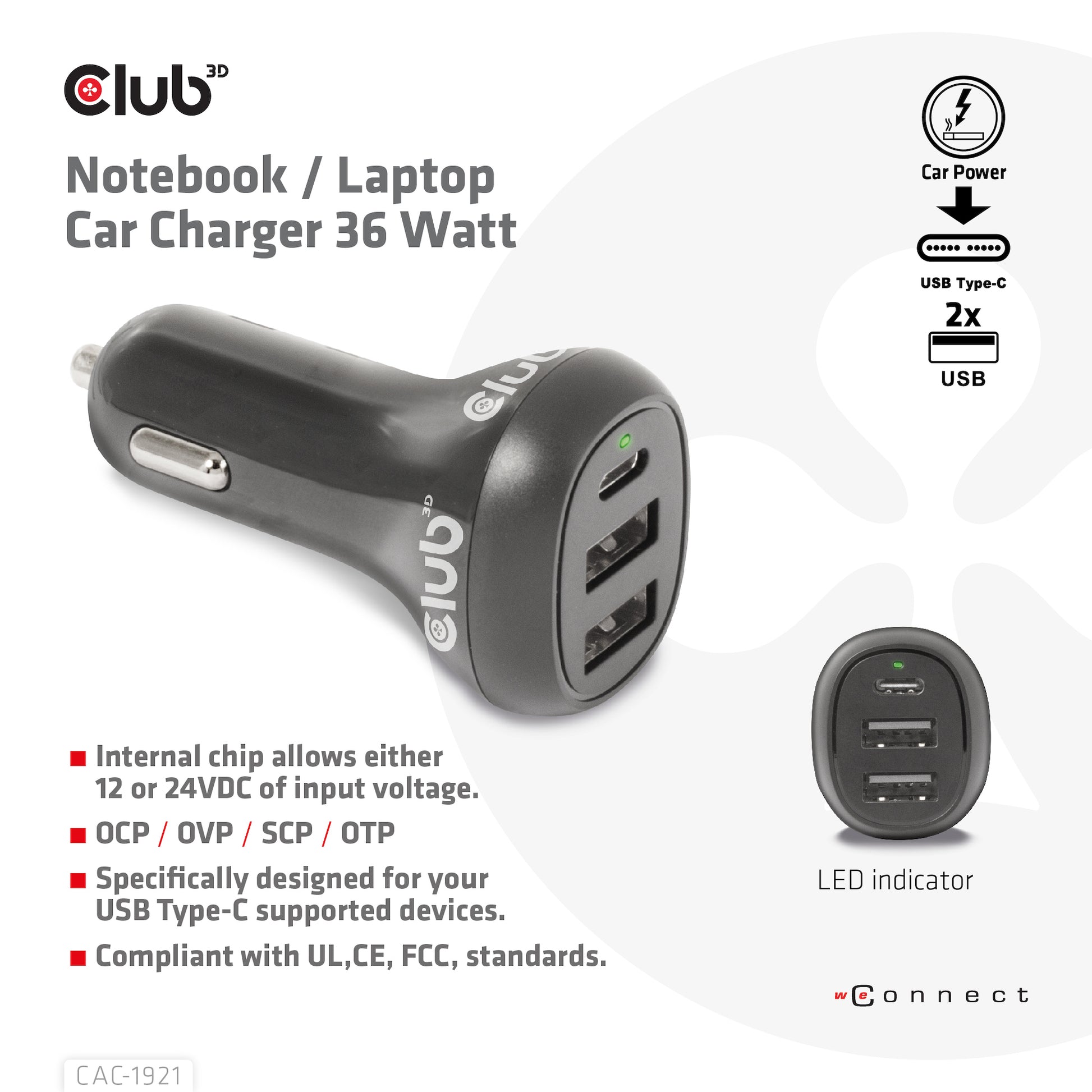 CLUB3D Club 3D CAC-1921 Auto-Ladegerät 36 W – USB-C×1, USB-A×2 – 12–24 V – Schwarz
