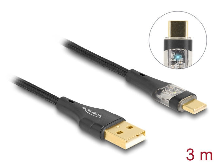 DeLOCK USB-A auf USB-C Kabel – USB 2.0 (480 Mbit/s) – 3 m – PD 60 W – Textilmantel, leuchtend – Schwarz