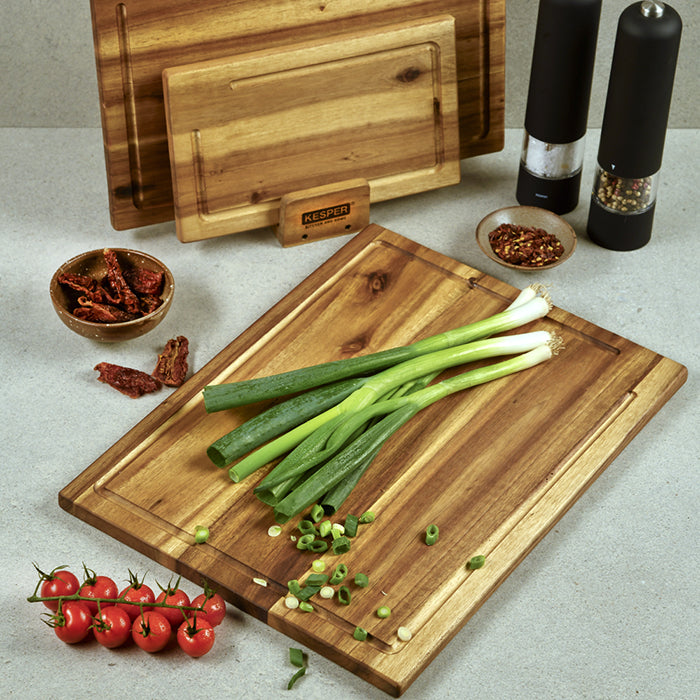Kesper Schneidebrett 40 × 11,2 × 3,2 cm, Akazie, mit Saftrille, 3-teilig, Braun