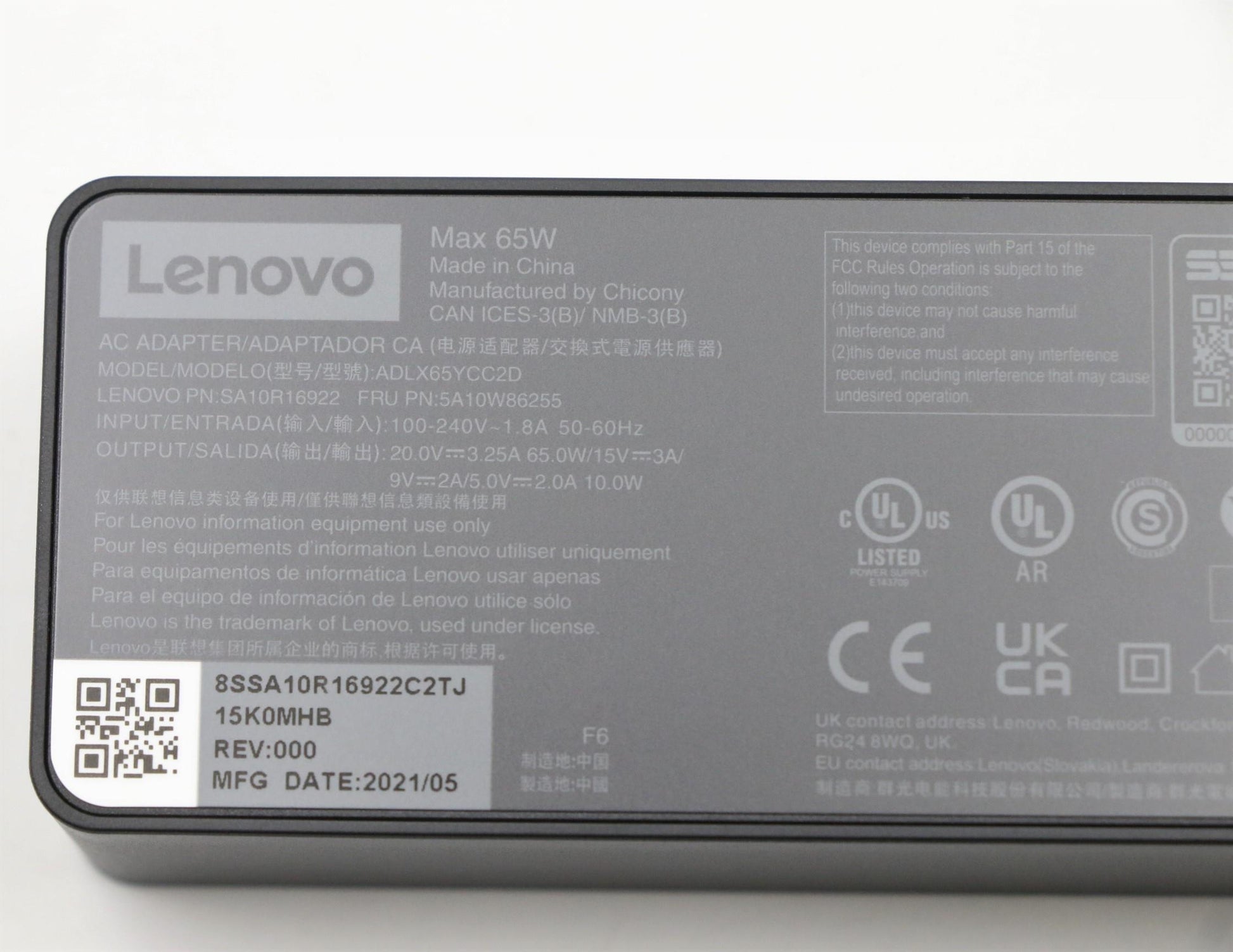 Lenovo 5A10W86255 USB-Ladegerät 65 W – USB-C×1 – für Lenovo-Laptops – Schwarz