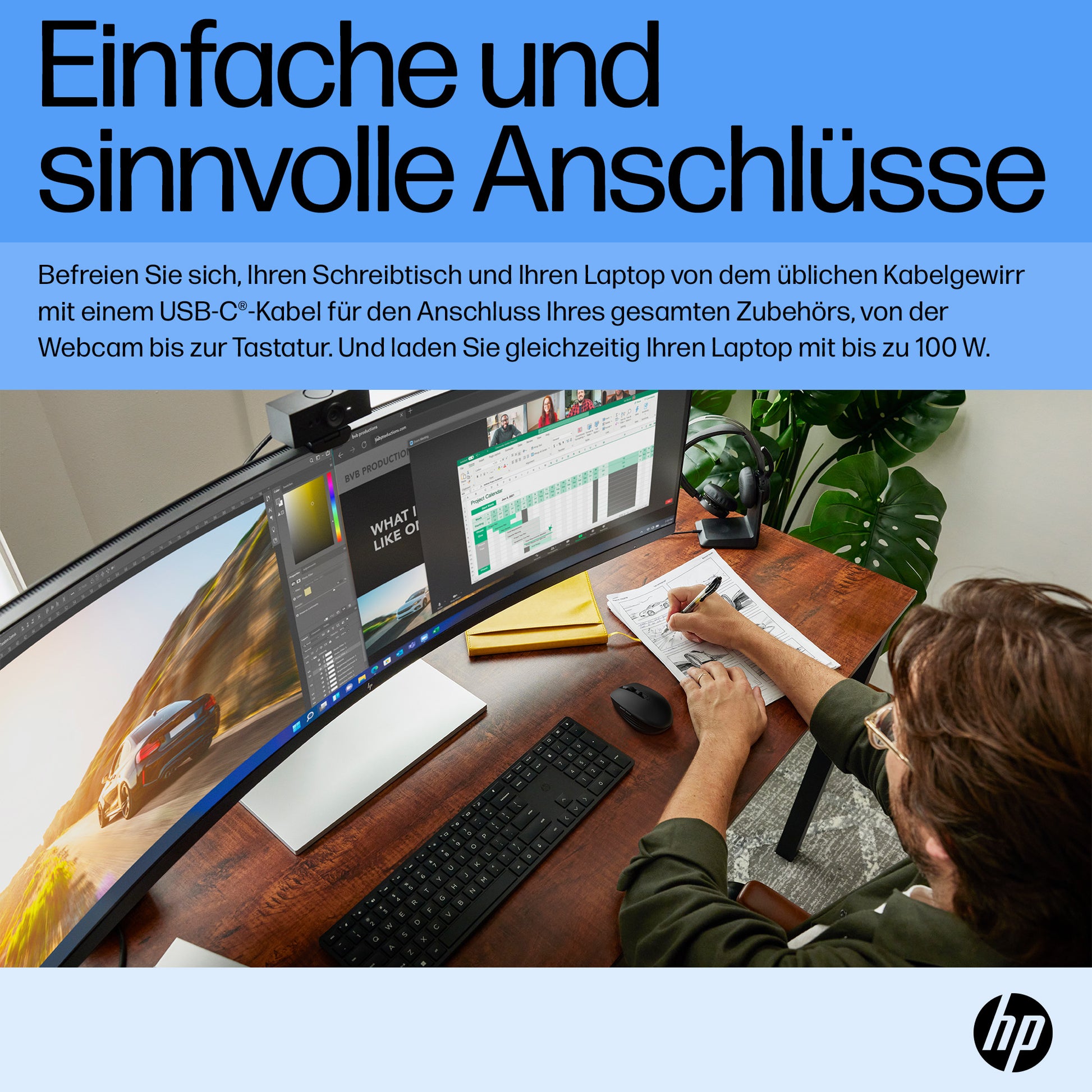 HP E45C G5 – Monitor, 44,5", 5120 × 1440 (Dual QHD), VA, 165 Hz, 400 cd/m², Gebogen, USB-C
