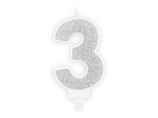 PartyDeco Geburtstagskerzen Zahl 3 – Silber – 5 × 7 cm – 1 Stück