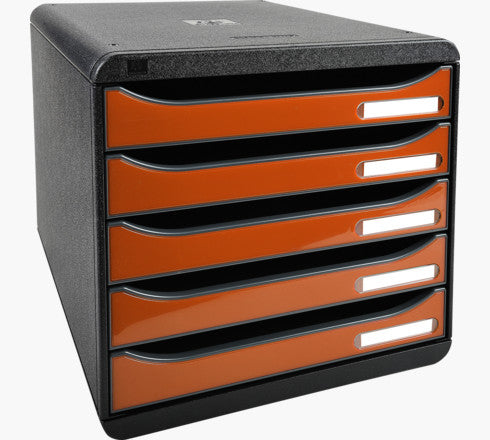Exacompta Big-Box Plus Schubladenelement – 5 Schubladen, für A4+, schwarz/mandarine, Polystyrol (PS)