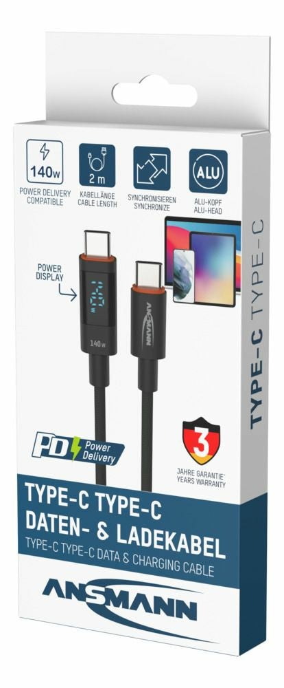 Ansmann USB-C auf USB-C Kabel – USB 2.0 (480 Mbit/s) – 2 m – PD 140 W – LED-Display – Anthrazit