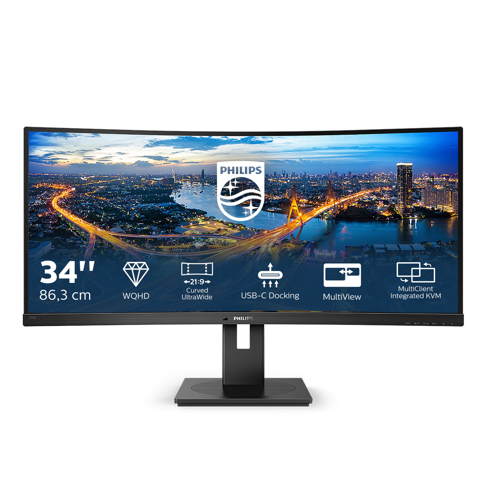 Philips 346B1C/00 – Monitor, 34", VA, 100 Hz, 300 cd/m², KVM, USB-C, Gebogen, VESA 100 × 100, Schwarz