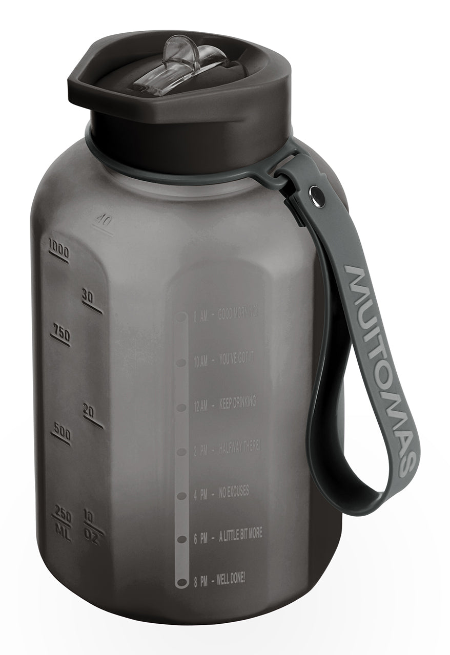 Muitomas Motivationstrinkflasche 1,2 l – Kunststoff, mit Strohhalm, Schwarz