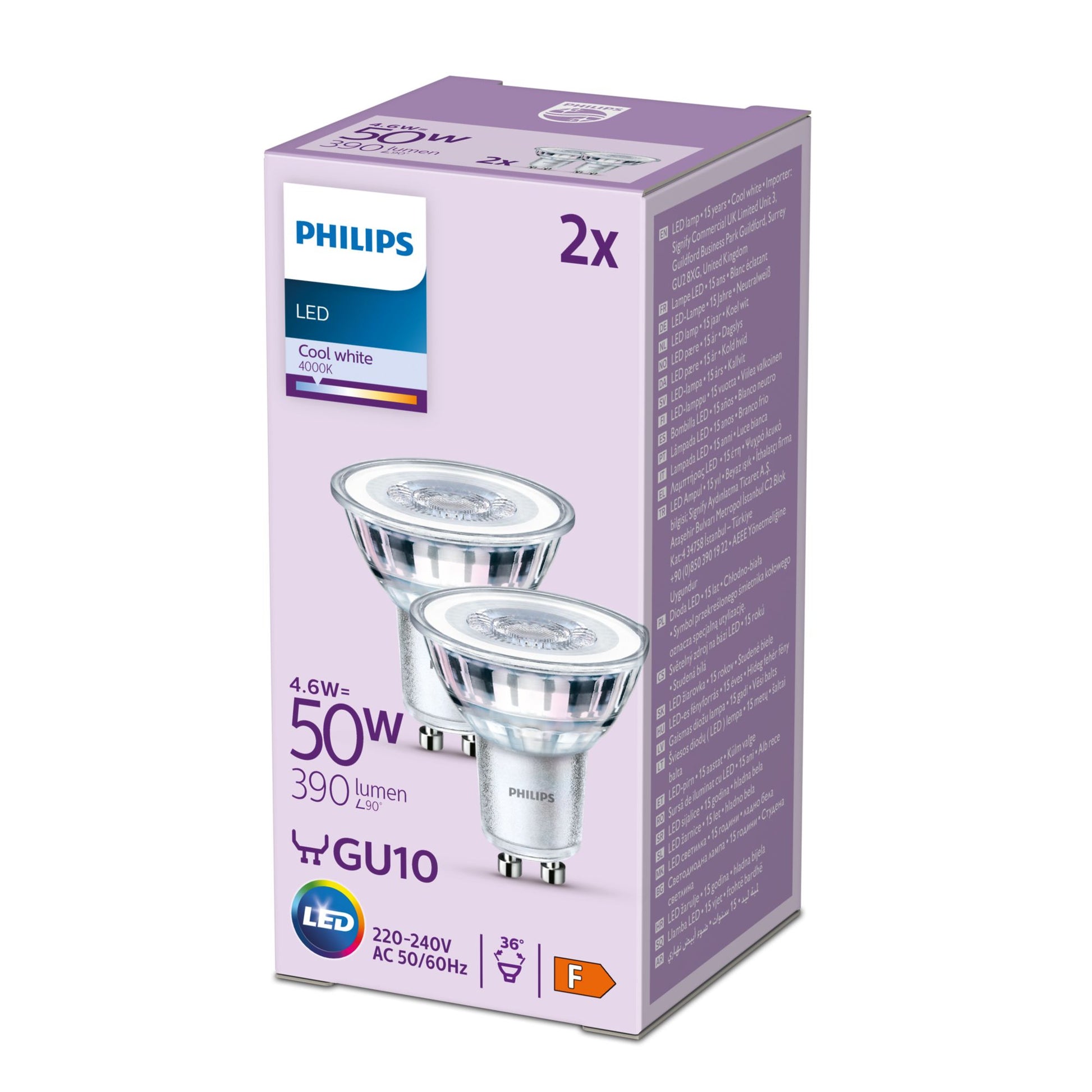 Philips by Signify Philips LED-Leuchtmittel GU10 Spot – 390 lm, 4,6 W, Neutralweiss 4000 K, 36° – 2 Stk., Silber, Glas