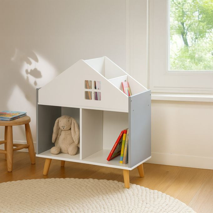 Relaxdays Kinderregal Haus – freistehend – 6 Böden – 60 × 30 × 65,7 cm – MDF – grau/weiss