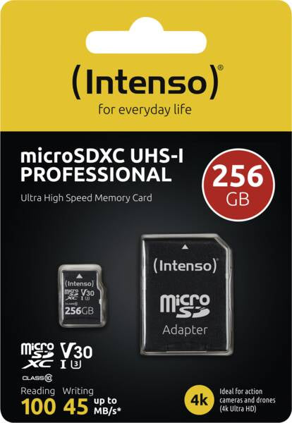 Intenso PRO 3433492 microSDXC 256 GB – UHS-I, Klasse 10, U3, V30, 100/45 MB/s, inkl. SD-Adapter