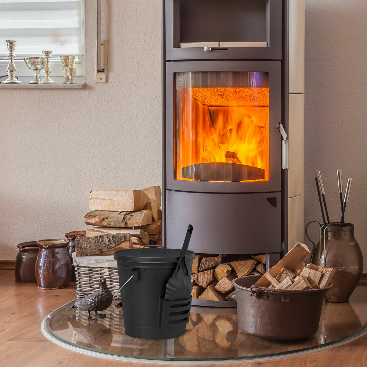 Relaxdays Standascher – Stahl/Holz, rund – braun/schwarz/silber – mit Deckel – Ø 32,5 × 35,5 cm