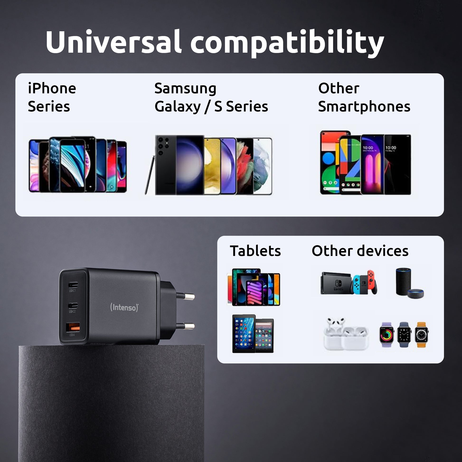 Intenso W65ACC USB-Wandladegerät 65 W – USB-C×2, USB-A×1 – GaN, Schwarz